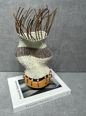 现代轻奢简约蛇纹菱形陶瓷花器样板间原创藤条陶艺花瓶装饰品摆设