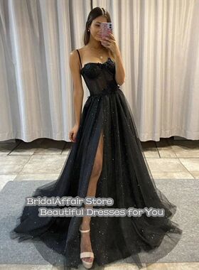 BridalAffair Black Glitter A Line Tulle Prom Dresses Spaghet