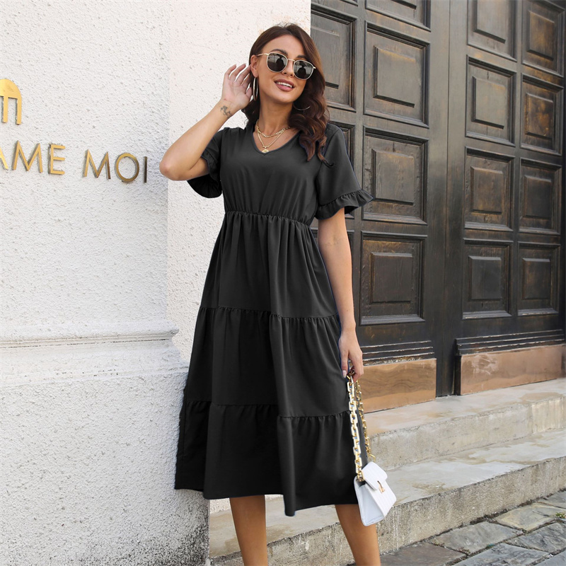 Falbala dress short-sleeved V-neck swing skirt female chiffo - 图0