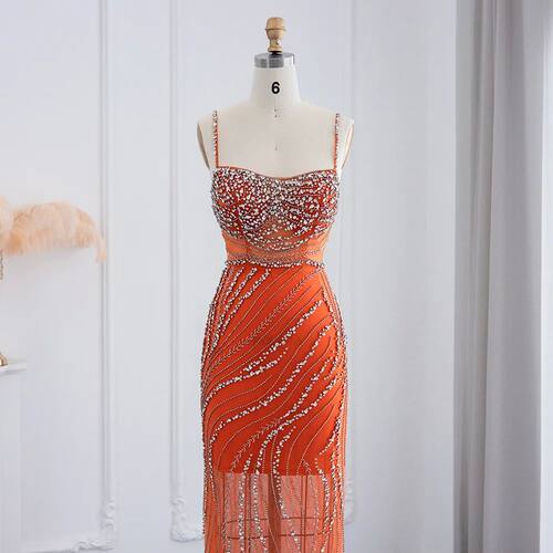 Sharon Said Orange Spaghetti Straps Mermaid Evening Dresses - 图2