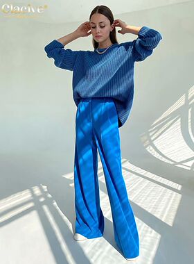 Clacive Blue Office Women'S Pants 2021 Fashion Loose Full Le