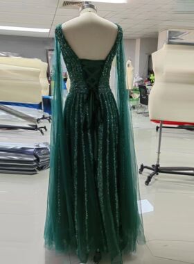 A Line Shinning V Neck Evening Dresses For Wedding Party Lon