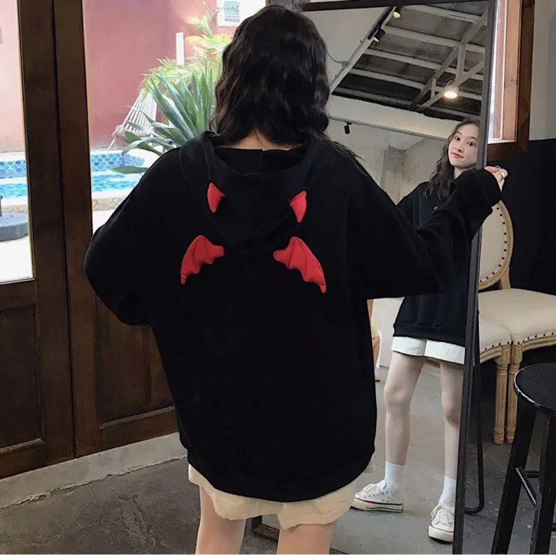 Harajuku Hoodies Girl Little Devil Horns Gothic Hooded Sweat-图0