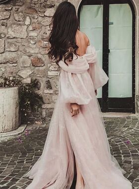 Eeqasn Pink Shiny Tulle Prom Dresses Off The Shoulder Long P