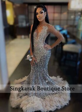 Luxury Sparkly Diamonds Prom Dress 2024 For Black Girls Mesh