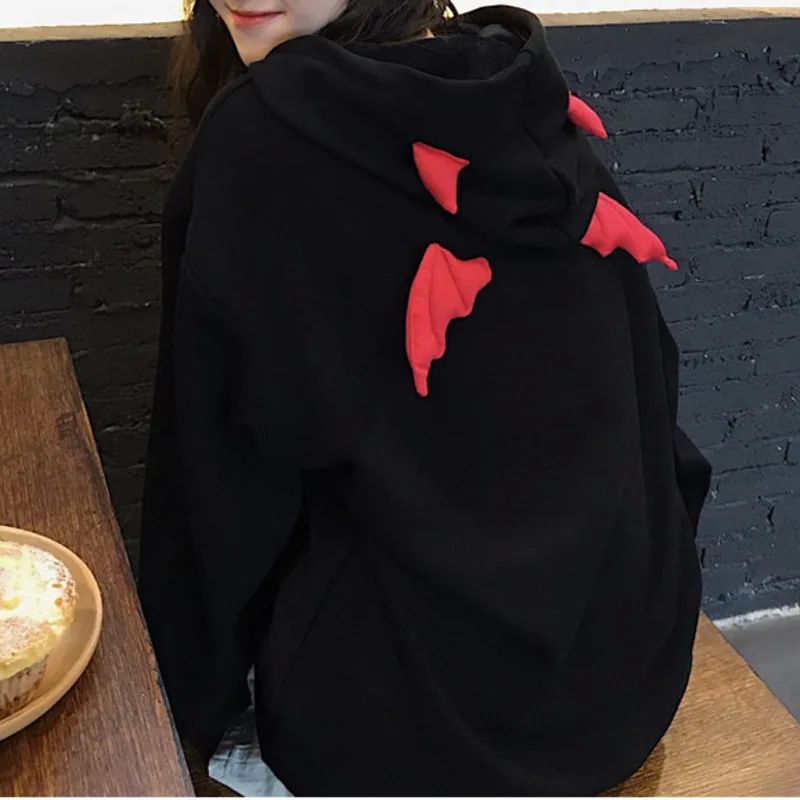 Harajuku Hoodies Girl Little Devil Horns Gothic Hooded Sweat-图1