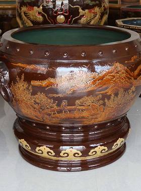 宜兴紫砂大水缸庭院装饰落地摆件金鱼缸假山造景纯手工传统图案