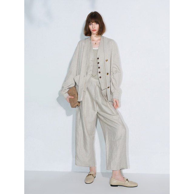 COCOBELLA ໂສ້ງຂາຍາວ linen pleated ແອວສູງ