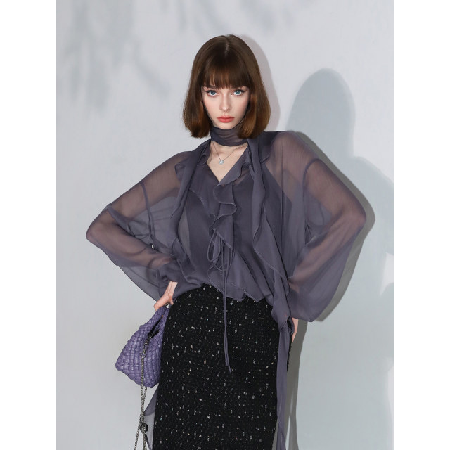 ເສື້ອ chiffon ribbon elegant ruffled