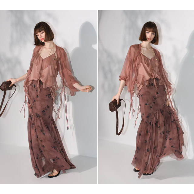 COCOBELLA 10 ແມັດ ເສື້ອ chiffon ruffled ໄຫມ
