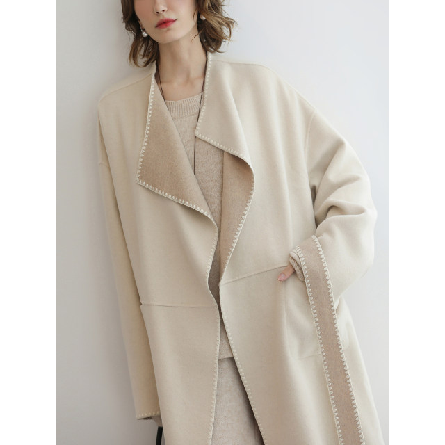 COCOBELLA两面穿长款羊毛通勤大衣女贝壳绣毛呢长外套WL7061