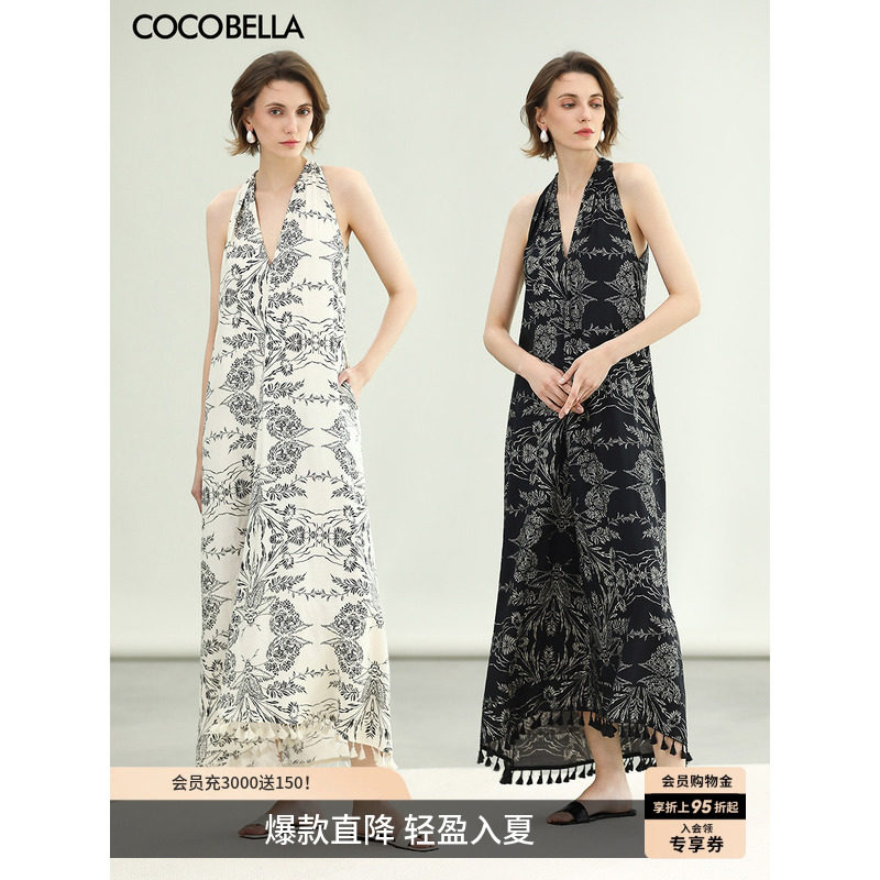 COCOBELLA设计师手绘棉麻风气质慵懒风无袖挂脖连衣裙FR0068