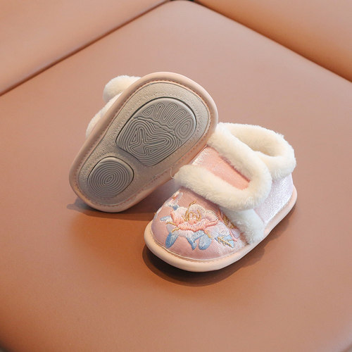 汉服鞋子女童冬宝宝手工棉鞋新中式婴儿周岁鞋子女宝宝国风新年鞋 - 图1