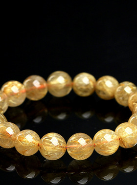 名都水晶 天然满发金发晶圆珠手串 冰种粗发黄金钛晶发晶手链批发