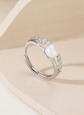 淡水珍珠单排锆石活口戒指女