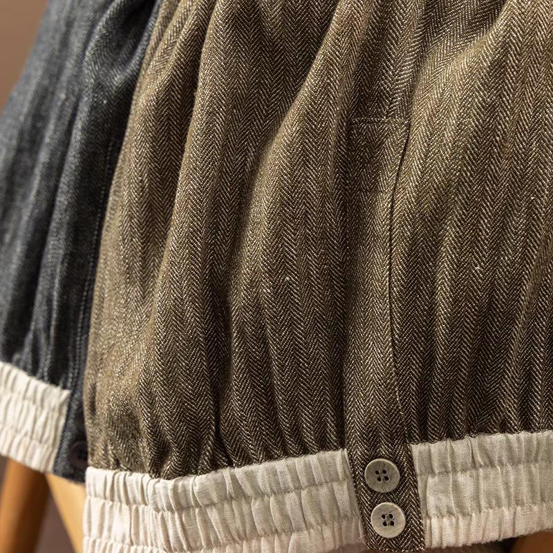 2025春新款简约百搭法G亚麻+棉人字纹松紧腰直筒阔腿裤trousers女 - 图1