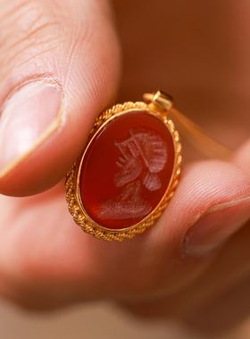 和合大仙人 原创自制 S925银镀金古董红玛瑙印章珠极简风吊坠项链