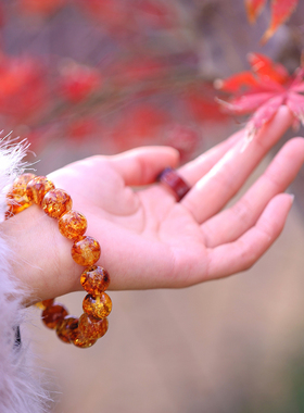 和合大仙人 原创古董超大天然花珀 手链戒指毛衣链国风新中式套装