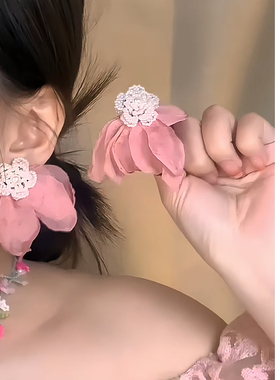 【飘飘公主】珍珠花花粉纱仙女甜美气质耳钉