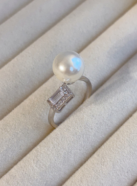 925银方锆澳白珍珠戒指女