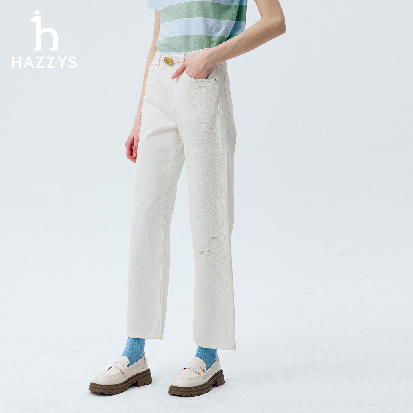 【春夏甄选】Hazzys哈吉斯牛仔裤女破洞休闲通勤直筒裤宽松长裤潮,淘宝优惠券,粉丝福利购,淘宝优惠卷