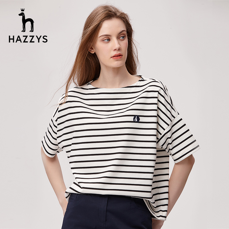 Hazzys哈吉斯新款条纹女士短袖T恤夏季宽松纯棉潮流英伦风上衣女