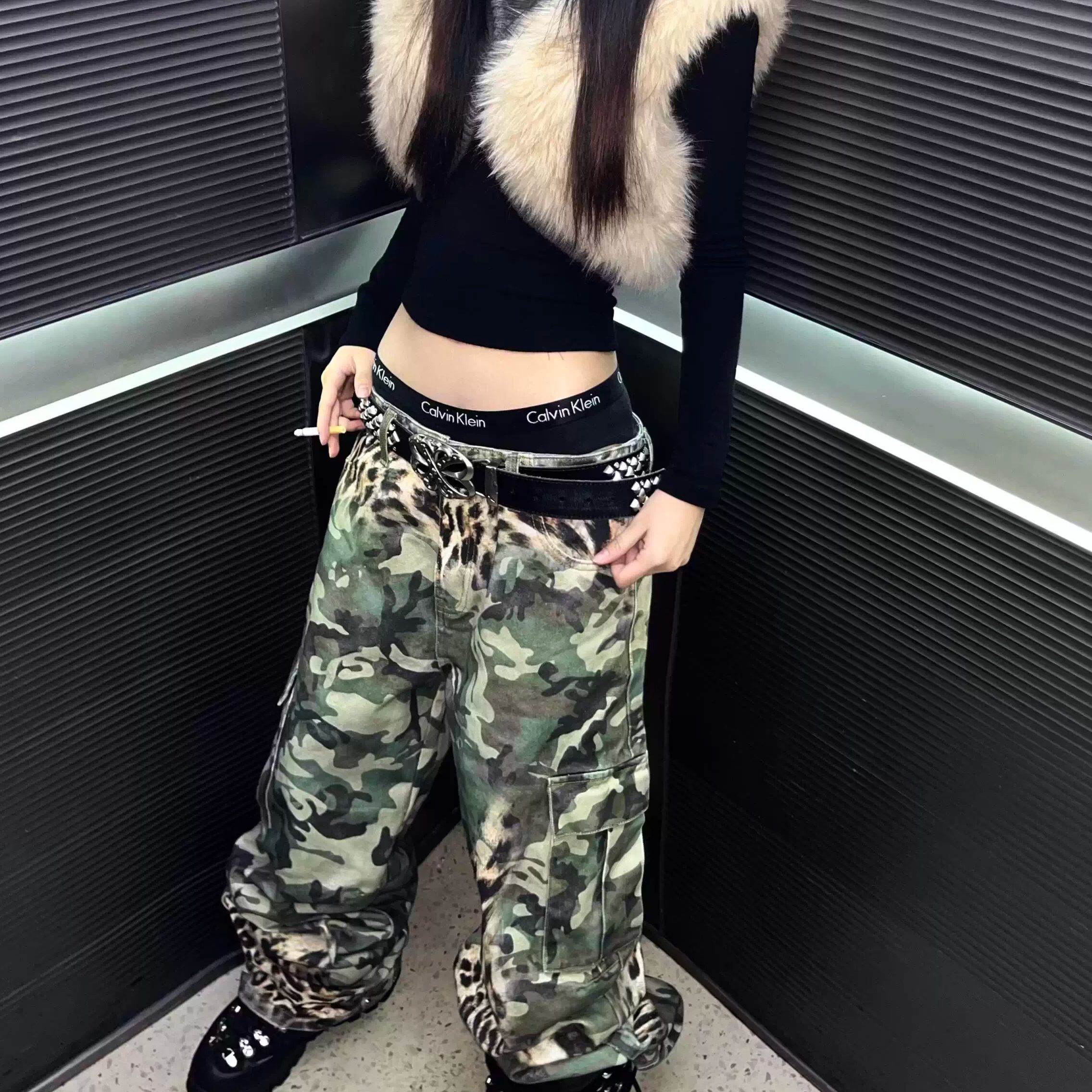 设计感豹纹迷彩工装裤女潮酷辣妹街头感个性宽松百搭阔腿休闲长裤,淘宝优惠券,粉丝福利购,淘宝优惠卷