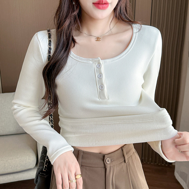 秋冬新款保暖上衣女一体绒加绒加厚长袖纽扣内搭修身显瘦打底上衣,淘宝优惠券,粉丝福利购,淘宝优惠卷