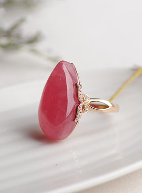 天然水晶红纹石戒指18k金包边