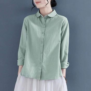 Niche chic top spring and summer 2024 retro literary cotton shirt women's long-sleeved casual doll collar cotton and linen shirt