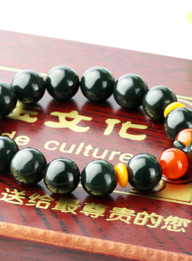 念玉新疆和田玉手链黑青玉莲花