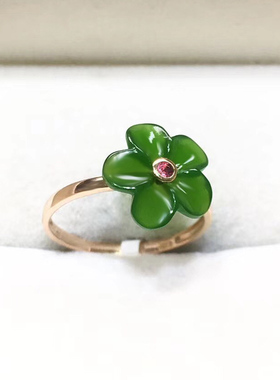 念玉和田玉戒指环天然碧玉戒指女款18K玫瑰金镶玉花朵嵌钻带证书