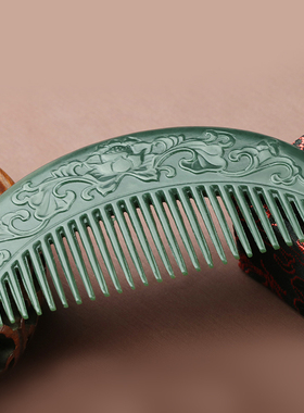 念玉珠宝新疆和田玉梳子天然青玉梳女按摩头部防静电细料花开富贵