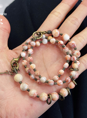 原创设计手工编绳串珠粉色天然石项链小众复古新中式项链