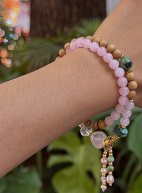 原创手作 粉水晶奶香木叠戴手串 个性小众设计师款按手围定制