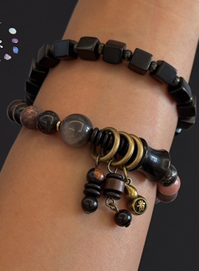 一安手作 天然石黑檀木粉色双圈叠戴手链 中性复古手串