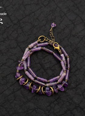 原创手工紫水晶编绳手链项链双用链 小众紫色项链