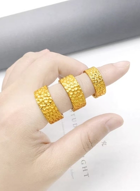 越南沙金戒指女久不掉色捶打纹镀金指环男黄金色碎冰冰情侣戒指