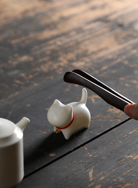 羊脂玉萌小猫可爱茶宠可养摆设陶瓷摆件纸镇开片笔架笔搁送礼猫咪