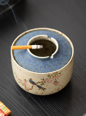 复古火石红陶瓷带盖防飞灰烟灰缸