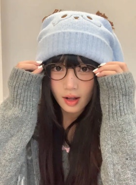 可爱眼镜长耳兔刺绣毛线帽2025新款冬季百搭显脸小毛绒白色针织帽