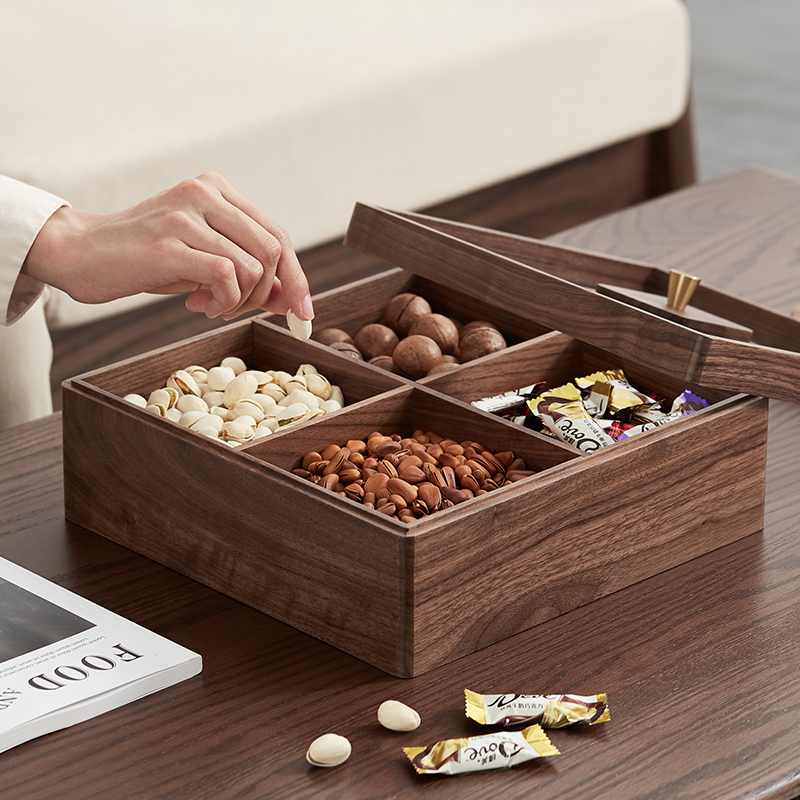 初心实木果盒新中式糖果盒家用轻奢分格带盖坚果盘干果零食收纳盒