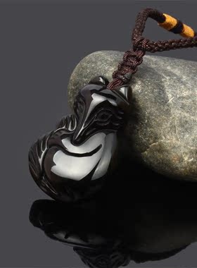 黑曜石貔貅彩虹眼灵狐水晶吊坠