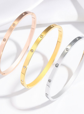 达令 玫瑰金钛钢手镯 女款满天星手链 女士手环 素圈 手镯子 手饰