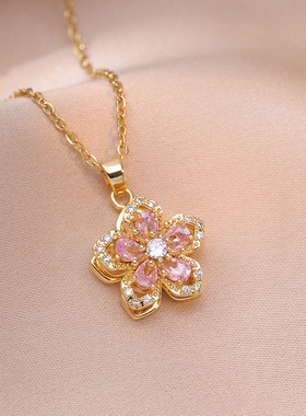 达令 祖母绿紫荆花旋转项链 轻奢高级感钛钢锁骨链不掉色长款吊坠