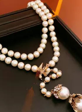 达令 白色施家珍珠项链 多层叠戴毛衣链 可调节锁骨链 颈链 配饰