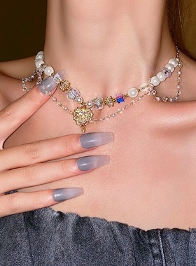 达令 镶钻珍珠水滴吊坠项链 女士轻奢气质锁骨链 颈链 高级感配饰