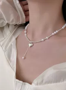 达令 银色爱心珍珠项链 明星同款 女士简约锁骨链choker 气质颈链