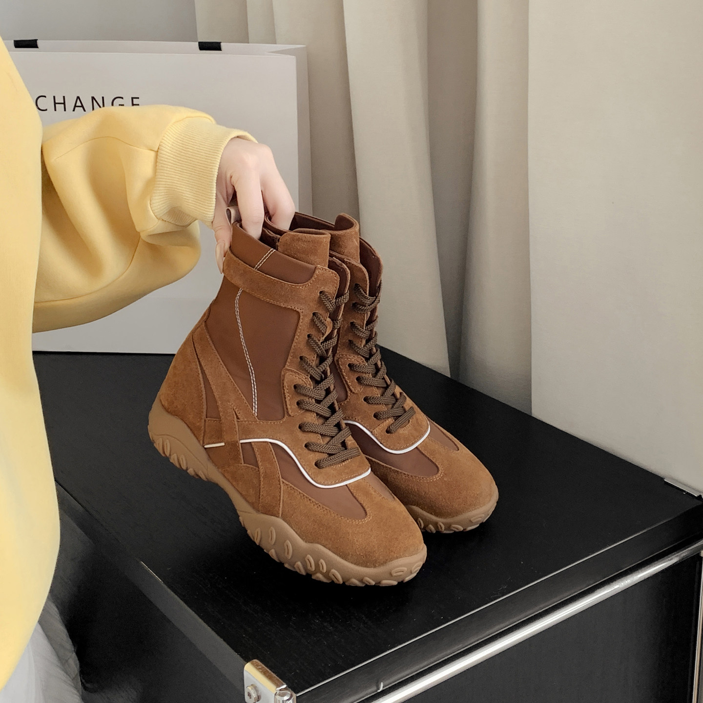 小个子内增高系带拳击靴女2025秋季新款高帮德训靴复古真皮西部靴,淘宝优惠券,粉丝福利购,淘宝优惠卷