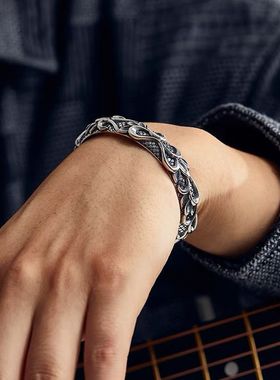 【狂澜】手镯海神手环男士霸气个性纯银开口手环立体浮雕海浪镯子